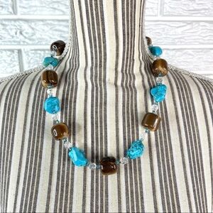Beaded Faux Stone Necklace Turquoise Blue Brown Clear Beads